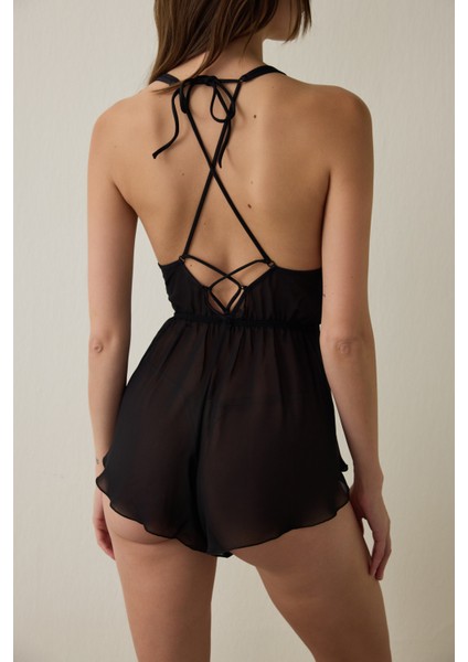 Siyah Broderie Teddy Tulum