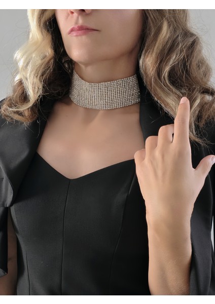 Gümüş Kaplama Rhinestone Choker Tasma Model Kolye