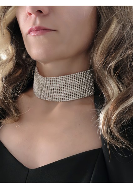 Gümüş Kaplama Rhinestone Choker Tasma Model Kolye