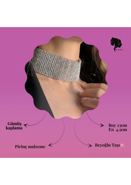 Gümüş Kaplama Rhinestone Choker Tasma Model Kolye