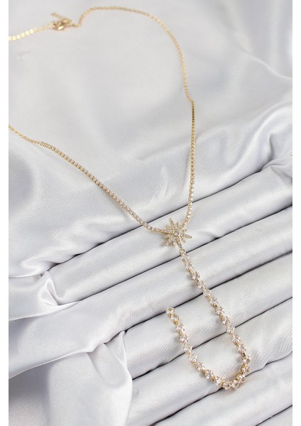 Pirinç Zirkon Taşlı Kutup Yıldızı Model Gümüş Renk Y Kolye