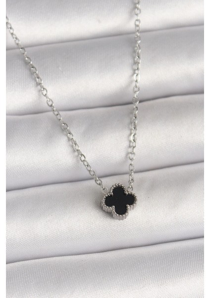 Heyf 316L Çelik Gümüş Renk Siyah Yonca Model Kadın Kolye