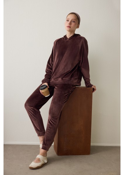 Kahverengi Yumuşak Kadife Sıcak Tutan Termal Etkili Kapüşonlu Sweatshirt fiyatları