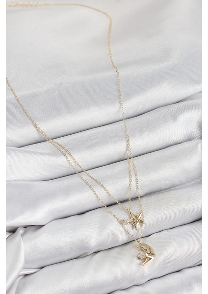 Heyf Pirinç Zirkon Taşlı Yıldız ve Ay Model Gold Renk Kadın Kolye fiyatları