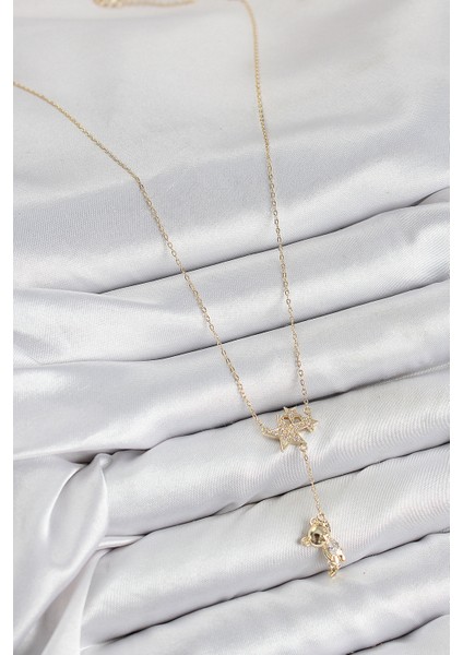 Pirinç Zirkon Taşlı Sallantılı Ayıcıklı Yıldız Model Gold Renk Kadın Kolye