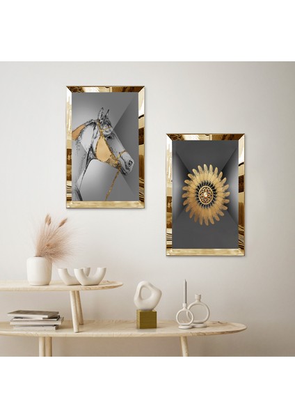 Gold Aynalı Pleksi Çerçeveli Gri Arka Planlı Gold Desenli Dekoratif At İkili Mdf Tablo Seti fiyatları