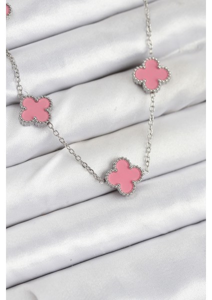 316L Çelik Zincir Gümüş Pembe Renk Yonca Kadın Kolye fiyatları