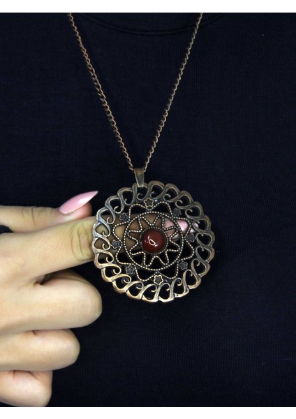 Doğal Taş Akik Doğal Taşlı Yuvarlak Model Antik Kadın Kolye EUK47A