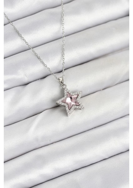 316L Çelik Zincir Gümüş Renk Pembe Taşlı Yıldız Model Kadın Kolye