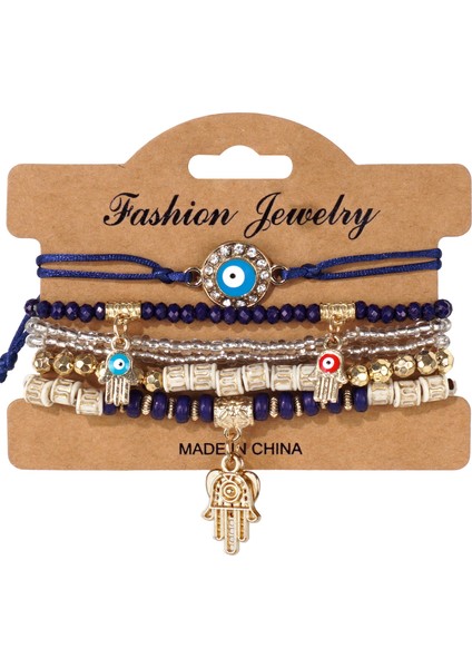 Bohem Bileklik Tarzı Şeytan Gözü Avuç Içinde Alaşım Kolye Çok Katmanlı Elastik Ip Bileklik (Yurt Dışından)