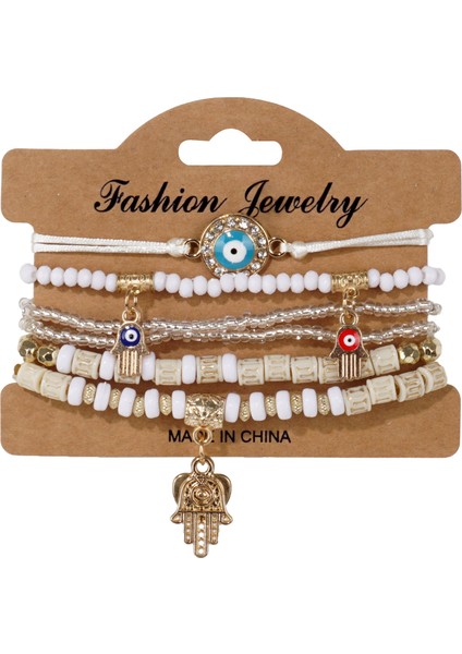 Bohem Bileklik Tarzı Şeytan Gözü Avuç Içinde Alaşım Kolye Çok Katmanlı Elastik Ip Bileklik (Yurt Dışından)