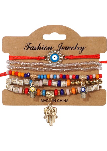 Bohem Bileklik Tarzı Şeytan Gözü Avuç Içinde Alaşım Kolye Çok Katmanlı Elastik Ip Bileklik (Yurt Dışından)