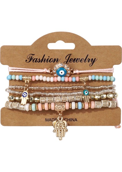 Bohem Bileklik Tarzı Şeytan Gözü Avuç Içinde Alaşım Kolye Çok Katmanlı Elastik Ip Bileklik (Yurt Dışından)