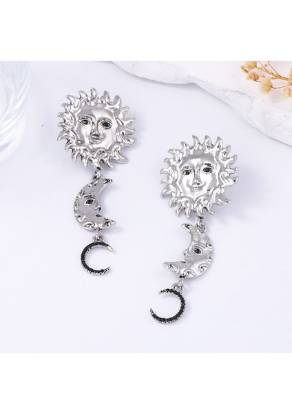 Moda Evren Gezegen Küpeler, Retro Güneş Ay Yüz Portreli Geometrik Püskül Küpeler - Kadın (Yurt Dışından)