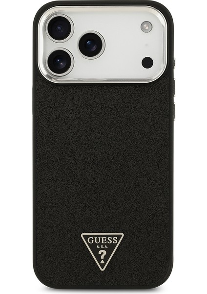 iPhone 17 Pro Max Kılıf Guess Lisanslı M-Safeli Metal Kamera Çerçeveli Üçgen Logolu Glitter Siyah modelleri