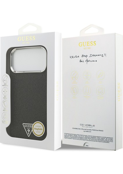 iPhone 17 Pro Max Kılıf Guess Lisanslı M-Safeli Metal Kamera Çerçeveli Üçgen Logolu Glitter Siyah
