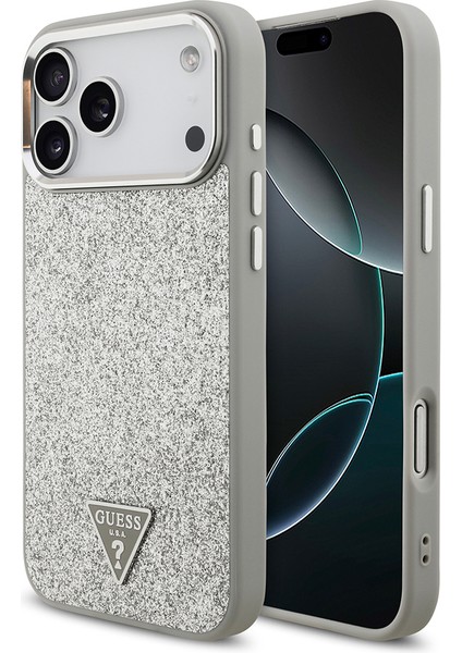iPhone 17 Pro Max Uyumlu Kılıf Guess Lisanslı M-Safeli Metal Kamera Çerçeve Üçgen Logolu Glitter Gri