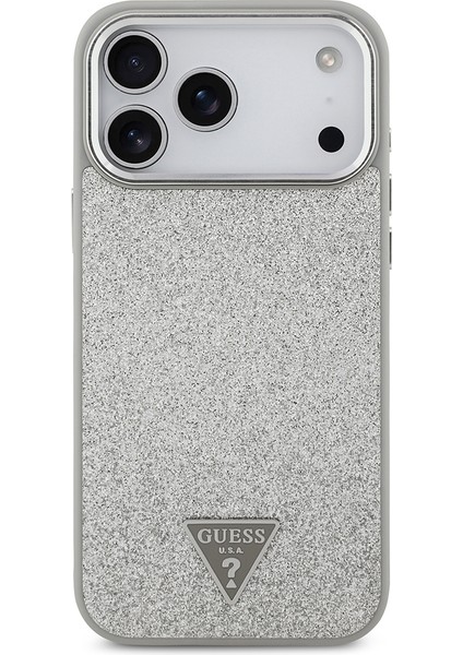 iPhone 17 Pro Max Uyumlu Kılıf Guess Lisanslı M-Safeli Metal Kamera Çerçeve Üçgen Logolu Glitter Gri modelleri
