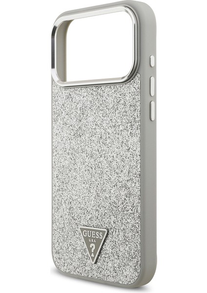 iPhone 17 Pro Max Uyumlu Kılıf Guess Lisanslı M-Safeli Metal Kamera Çerçeve Üçgen Logolu Glitter Gri
