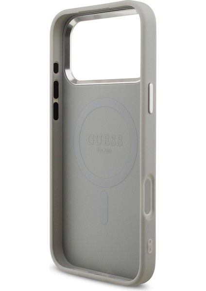 iPhone 17 Pro Max Uyumlu Kılıf Guess Lisanslı M-Safeli Metal Kamera Çerçeve Üçgen Logolu Glitter Gri