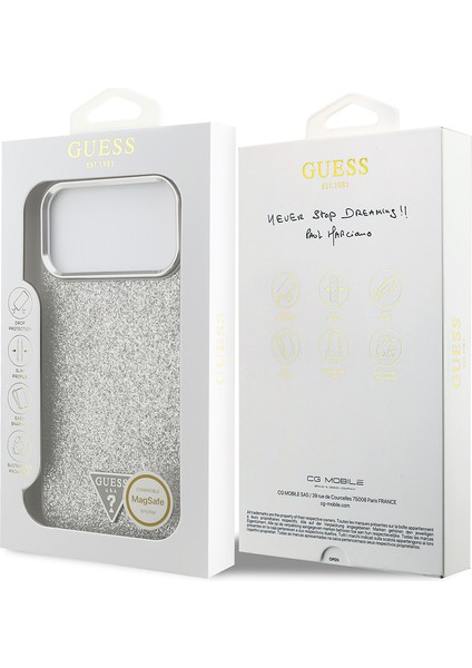 iPhone 17 Pro Max Uyumlu Kılıf Guess Lisanslı M-Safeli Metal Kamera Çerçeve Üçgen Logolu Glitter Gri