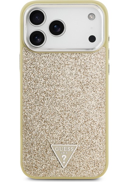 iPhone 17 Pro Max Kılıf Guess Lisanslı M-Safeli Metal Kamera Çerçeveli Üçgen Logolu Glitter Gold modelleri