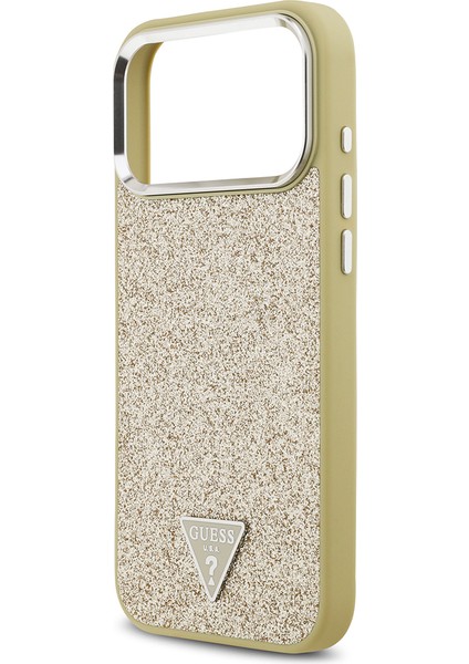 iPhone 17 Pro Max Kılıf Guess Lisanslı M-Safeli Metal Kamera Çerçeveli Üçgen Logolu Glitter Gold