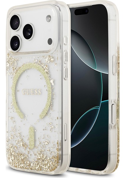 iPhone 17 Pro Uyumlu Kılıf Guess Lisanslı M-Safe Şarj Özellikli Transparan Resin Bottom Kapak Gold