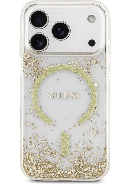 iPhone 17 Pro Uyumlu Kılıf Guess Lisanslı M-Safe Şarj Özellikli Transparan Resin Bottom Kapak Gold modelleri