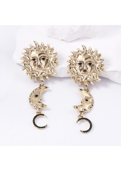 Moda Evren Gezegen Küpeler, Retro Güneş Ay Yüz Portreli Geometrik Püskül Küpeler - Kadın (Yurt Dışından)