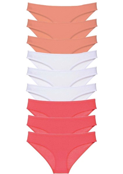 9 Adet Süper Eko Set Likralı Kadın Slip Külot Pudra Beyaz Fuşya