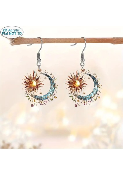 Renkli Ay Küpeleri, Bohem Tarzı Düz Akrilik Güneş ve Ay Kolye Küpeler (Yurt Dışından)