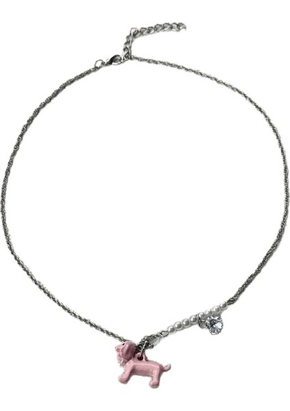 Kadınlar Için Fiyonklu, Sevimli Çizgi Film Kazak Zincirine Sahip Tatlı Pembe Köpek Yavrusu Kolyesi. (Yurt Dışından)