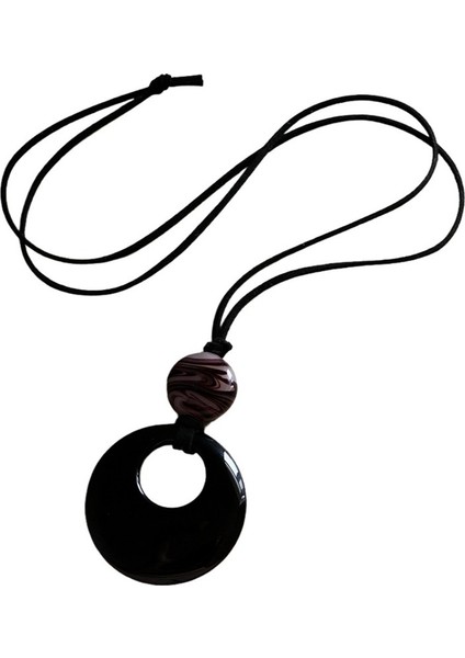 Kadınlar Için Vintage Tarzı Içi Boş Yuvarlak Obsidyen Kolye Ucu Kazak Zinciri Uzun Kolye (Yurt Dışından)