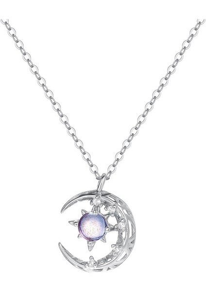 Kadınlar Için 925 Ayar Gümüş Yanardöner Yıldız ve Ay Kolye, Köprücük Kemiği Zinciri (Yurt Dışından)