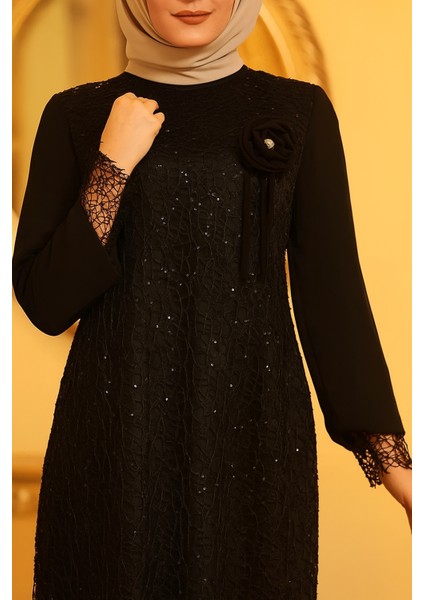 Şifon Pul Payetli Tesettür Abiye Siyah
