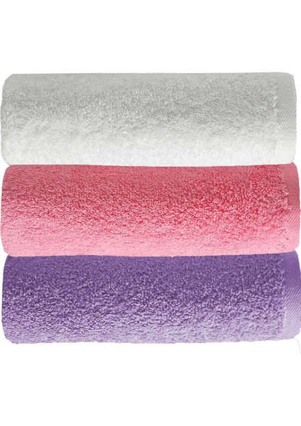 3 lü Düz Renk El Yüz Havlu Seti &amp;#37;100 Pamuklu 50x90 Cm Mor-Pembe-Beyaz