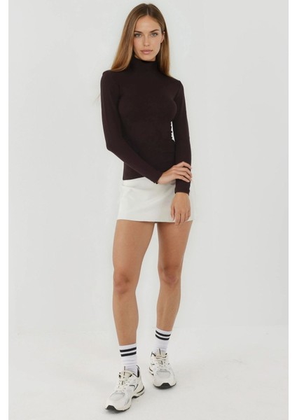 Kadın Ultra Yumuşak Slim Fit Dik Yaka Örme Üst Koyu Mocha Kahve