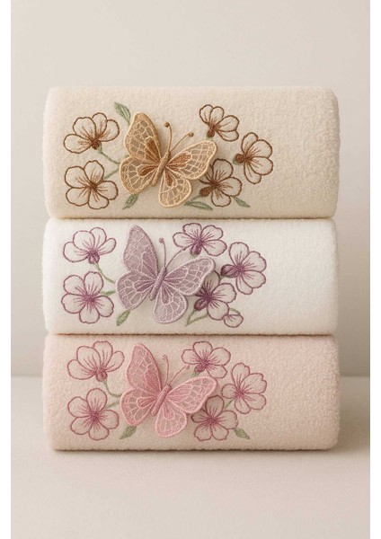 3lü Lüks &amp;#37;100 Pamuklu Mutfak Havlusu Seti 3D Kelebek Aplikeli 30x50 Cm