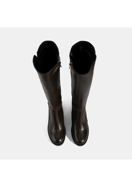 Kadın Kahve Kalın Topuklu Deri Çizme