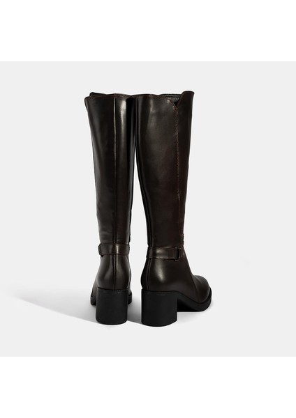 Kadın Kahve Kalın Topuklu Deri Çizme