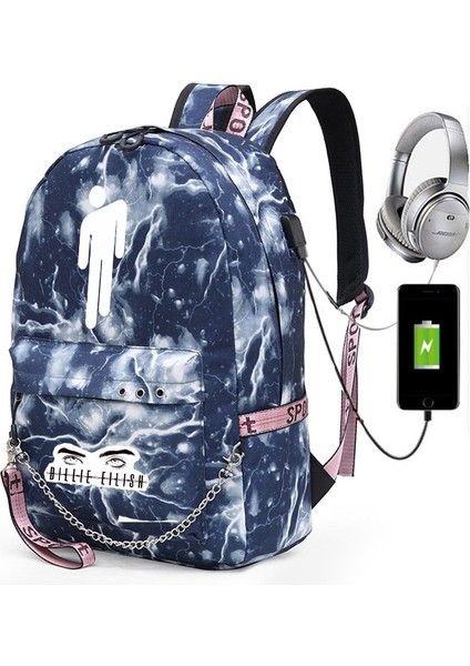 Yıldızlı Gökyüzü Tasarımlı Billie Eilish Sırt Çantası, USB Şarj Edilebilir Seyahat Sırt Çantası, Öğrenci Okul Çantası (Yurt Dışından)
