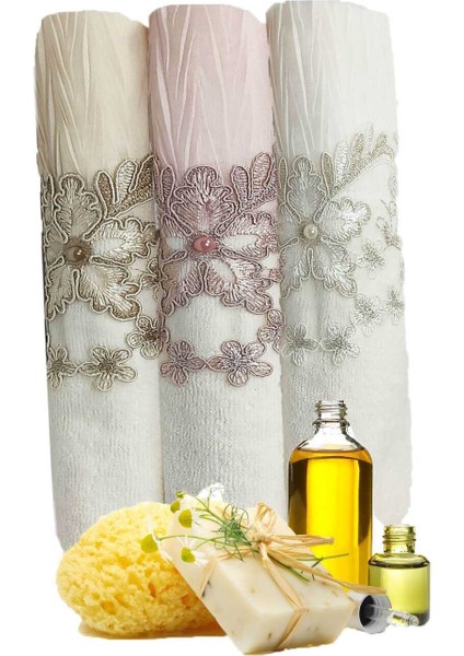3 Lü Tül Dantel Işlemeli Boncuklu Havlu Seti 50X90 cm fiyatları