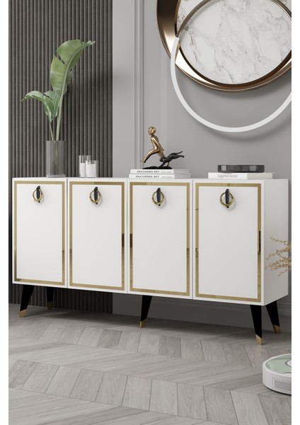 8214-32CT KB150 Konsol, Tv Ünitesi Beyaz-Siyah-Altın