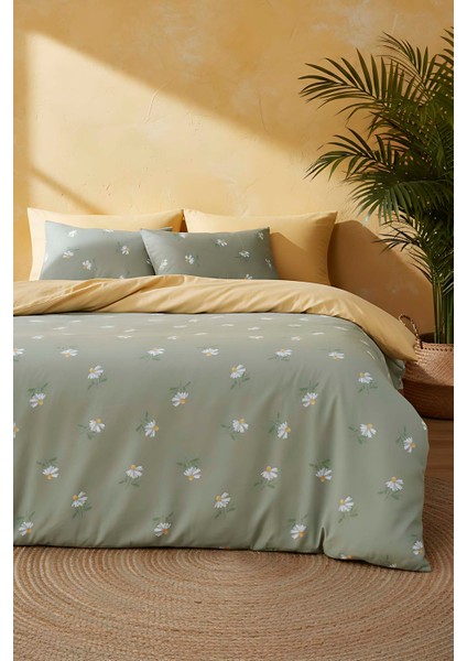 Yeşil Papatya Çift Kişilik Naturel Ipeksi Nevresim Takımı