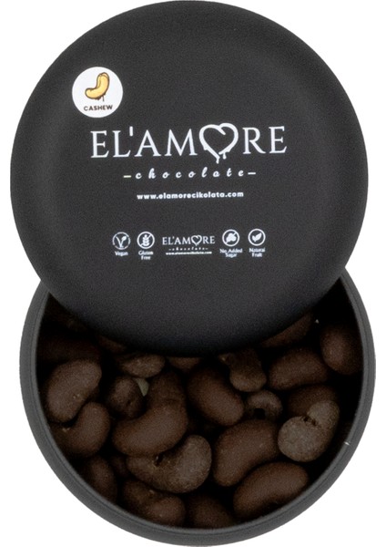 Şeker İlavesiz, Glütensiz, Vegan Kajulu Bitter Çikolata - Siyah Yuvarlak Metal Kutu, 150 gr