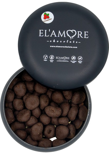 Şeker İlavesiz, Glütensiz, Vegan Turna Yemişli Bitter Çikolata - Siyah Yuvarlak Metal Kutu, 150 gr