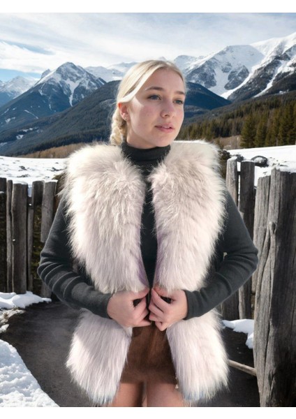 Kadın Fermuarlı Koyun Derisi Tilki Kürkü - Beyaz -Vlmr