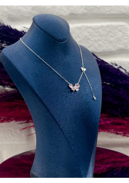 925 Ayar Gümüş Pembe Mineli Özel Tasarım Zarif Kadın Kolye