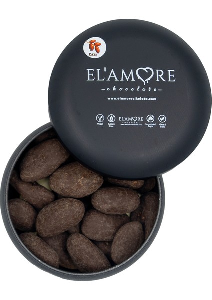 Şeker İlavesiz, Glütensiz, Vegan Hurmalı Bitter Çikolata - Siyah Yuvarlak Metal Kutu, 150 gr